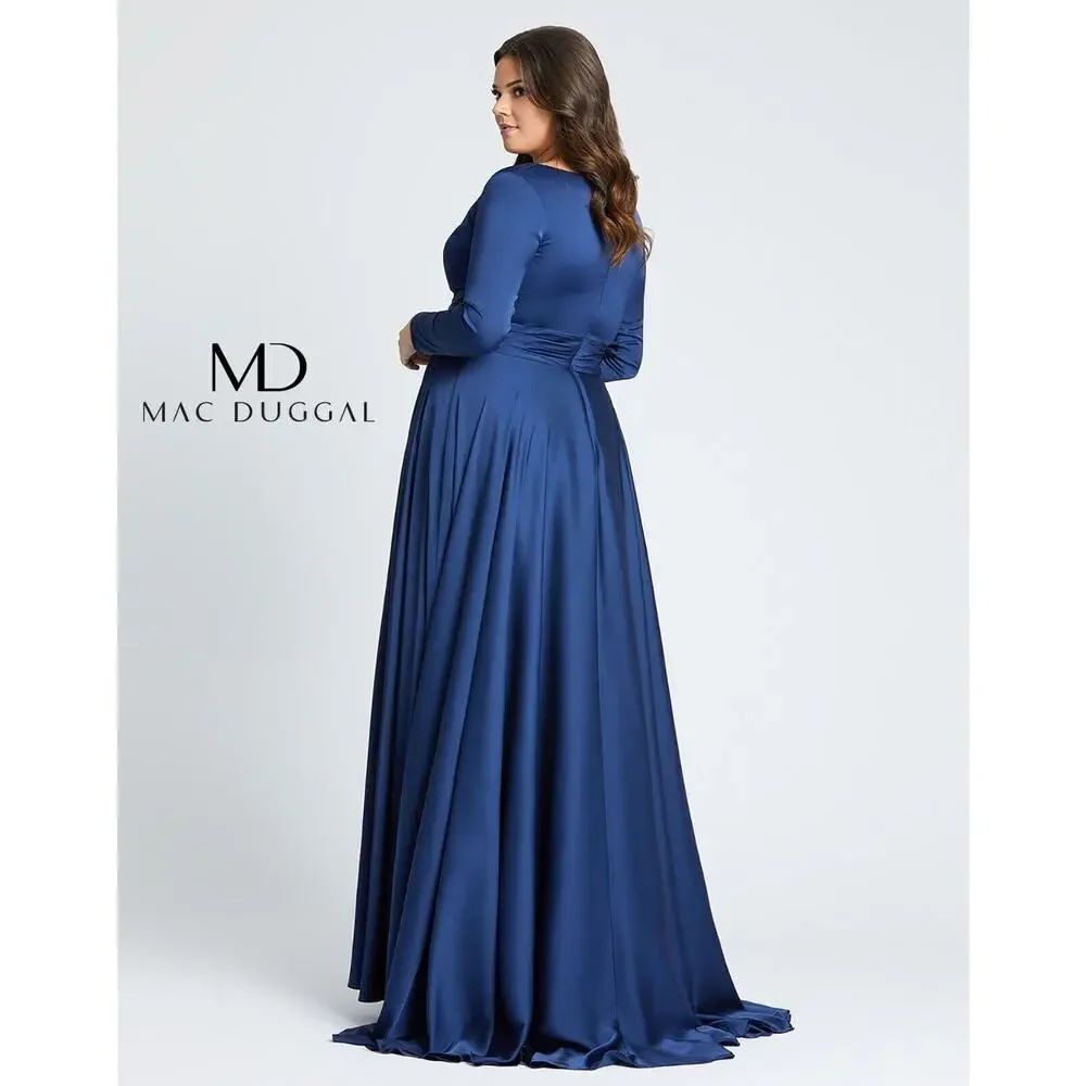 IEENA‎ Mac Duggal Gown Dress Size 18W Blue Satin V Neck Long Sleeve 55290 NWT